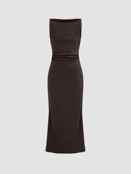 Cider - Satin Boat Neck Ruched Maxi Dress