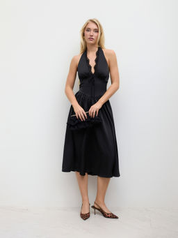 Cider - Satin Halter Neckline Lace Trim Ruffle Corset Midi Dress