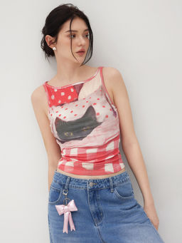 Cider - Cotton-blend Cat Graphic Gingham Ruched Tank Top