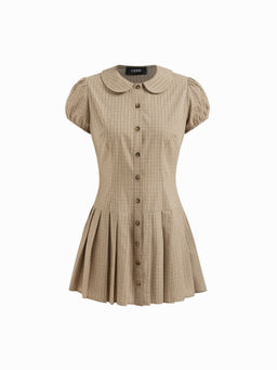 Cider - Cotton-blend Collar Plaid Pleated Mini Dress