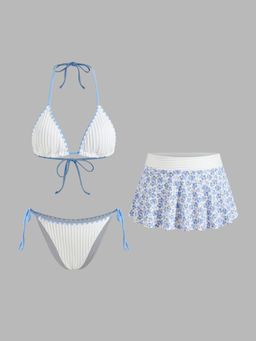 Cider - Rib Halter Neckline Contrasting Binding Triangle Bikini Set & Floral Cover Up Skirt