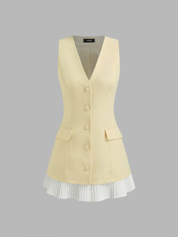 Cider - V-neck Two Tone Pleated Mini Dress