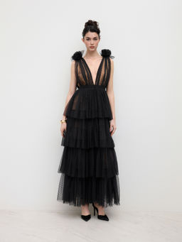 Cider - Mesh V-neck Polka Dot Tulle Layered Maxi Dress