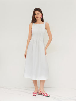 Cider - 100% Cotton Square Neck Pleated Tie Back Bowknot Maxi Dress