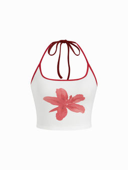 Cider - Floral Graphic Halter Neckline Contrasting Binding Crop Cami Top