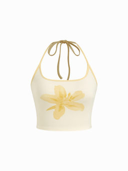 Cider - Floral Graphic Halter Neckline Contrasting Binding Crop Cami Top