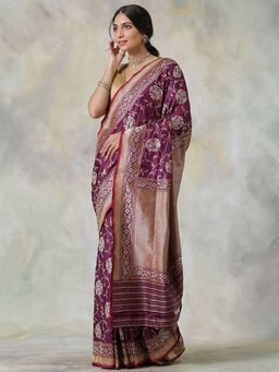 WeaverStory - Purple Pure Katan Silk Handloom Banarasi Saree With Unstitched Blouse