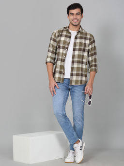 Cantabil - Men Olive Checks Full Sleeves Casual Shirt