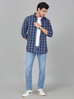 Cantabil - Men Navy Blue Checks Full Sleeves Casual Shirt