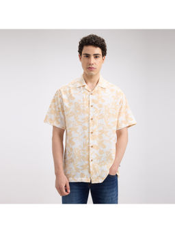 Pepe Jeans - Men Beige Botanical Print Short Sleeve Linen Shirt