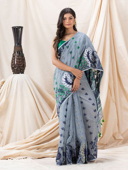 Angoshobha - Traditional Grey Peacock Soft Dhakai Jamdani Saree with Unstitched Blouse