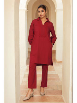 Dora Dori - Maroon Collared Solid Pure Cotton Co-Ord (Set of 2)
