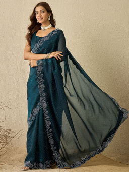 Sareemall - Teal Embellished Designer Saree with Unstitched Blouse