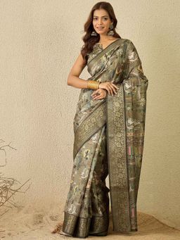 Sareemall - Olive Digital Print Designer Saree with Unstitched Blouse