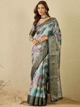 Sareemall - Grey Digital Print Designer Saree with Unstitched Blouse