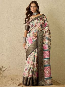 Sareemall - Cream Digital Print Designer Saree with Unstitched Blouse