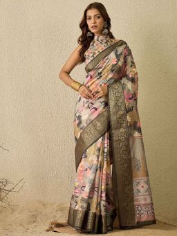 Sareemall - Grey Digital Print Designer Saree with Unstitched Blouse