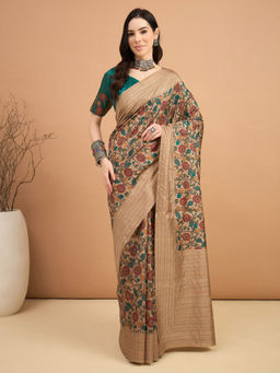 Sareemall - Teal Printed Designer Saree with Unstitched Blouse
