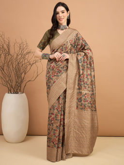 Sareemall - Olive Printed Designer Saree with Unstitched Blouse