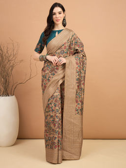 Sareemall - Teal Printed Designer Saree with Unstitched Blouse