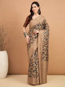 Sareemall - Brown Printed Designer Saree with Unstitched Blouse