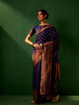 Suha - Ethnic Navy Blue Saree with Unstitched Blouse