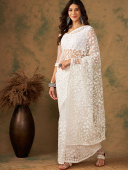 Suha - Ethnic White Saree with Unstitched Blouse
