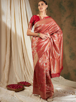 Suha - Ethnic Red Saree with Unstitched Blouse