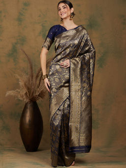 Suha - Ethnic Navy Blue Saree with Unstitched Blouse