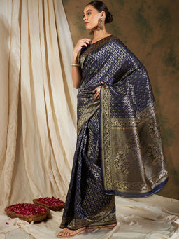 Suha - Ethnic Navy Blue Saree with Unstitched Blouse