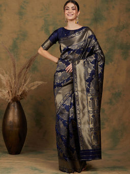 Suha - Ethnic Navy Blue Saree with Unstitched Blouse