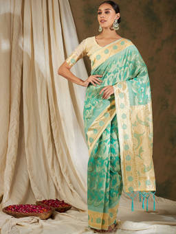 Suha - Ethnic Sea Green Saree with Unstitched Blouse