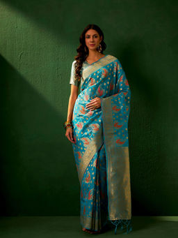 Suha - Ethnic Blue Saree with Unstitched Blouse