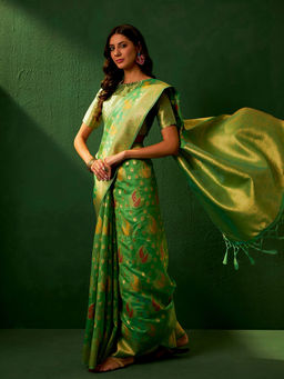 Suha - Ethnic Green Saree with Unstitched Blouse