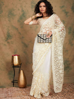 Suha - Ethnic White Saree with Unstitched Blouse