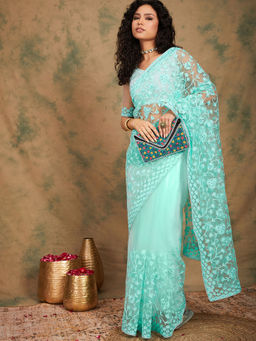 Suha - Ethnic Turquoise Saree with Unstitched Blouse