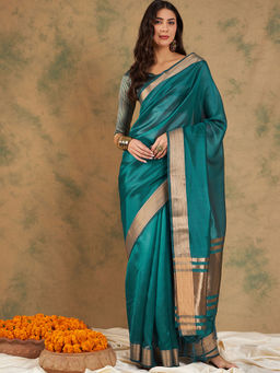 Suha - Ethnic Teal Saree with Unstitched Blouse
