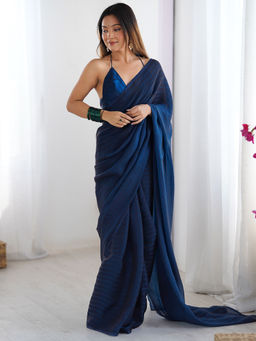 Sareemall - Navy Blue Pre-Draped Saree with Unstitched Blouse