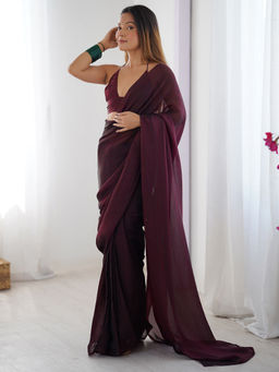 Sareemall - Wine Pre-Draped Saree with Unstitched Blouse