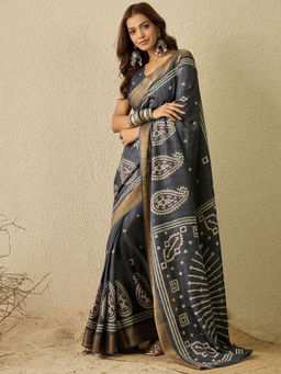 Sareemall - Grey Printed Pre-Draped Saree with Unstitched Blouse