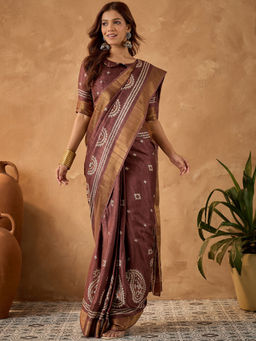 Sareemall - Brown Printed Pre-Draped Saree with Unstitched Blouse