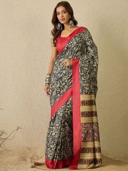Sareemall - Red Printed Pre-Draped Saree with Unstitched Blouse