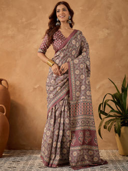 Sareemall - Mauve Printed Pre-Draped Saree with Unstitched Blouse