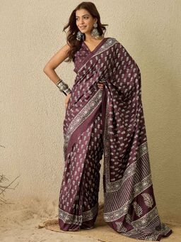 Sareemall - Wine Printed Pre-Draped Saree with Unstitched Blouse