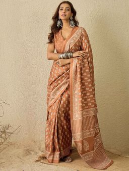 Sareemall - Brown Printed Pre-Draped Saree with Unstitched Blouse