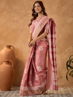 Sareemall - Pink Printed Pre-Draped Saree with Unstitched Blouse