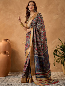 Sareemall - Cream Printed Pre-Draped Saree with Unstitched Blouse