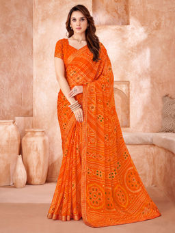Sareemall - Orange Printed Designer Saree with Unstitched Blouse