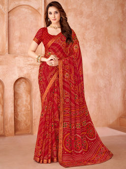 Sareemall - Red Printed Designer Saree with Unstitched Blouse