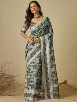 Sareemall - Grey Digital Print Designer Saree with Unstitched Blouse